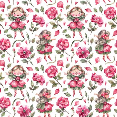 Fabulous flower fairies, rose flowers watercolor seamless pattern on white background. Rose princess cartoon background for textiles, fabrics, wallpapers.