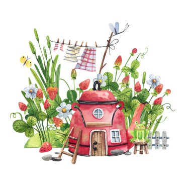 Fairy tale house red teapot with wooden door, window on strawberry background watercolor illustration. Strawberry jam, strawberry tea illustration hand drawn in cartoon style. clipart