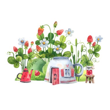 Fairy tale house porcelain cup with red wooden door, window on strawberry background watercolor illustration. Strawberry jam, strawberry tea illustration hand drawn in cartoon style.