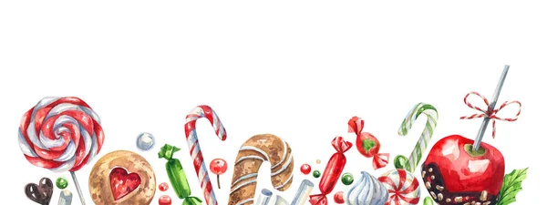 伝統的なクリスマススイーツ水彩イラスト ジンジャーブレッドクッキー ジンジャーブレッド キャンディー ロリポップ手描きの水彩画で漫画風に描かれています 絵葉書 テンプレートイラスト — ストック写真