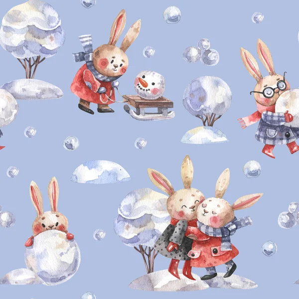 明るく 冬のシームレスなパターンで ウサギは漫画のスタイルで冬のゲームをプレイします ウサギ 雪玉や雪だるまとかわいい背景 包装紙 装飾用のテクスチャ — ストック写真
