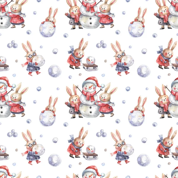 Bunnies Make Snowmen Play Winter Games Cartoon Seamless Background Watercolor — Stockfoto