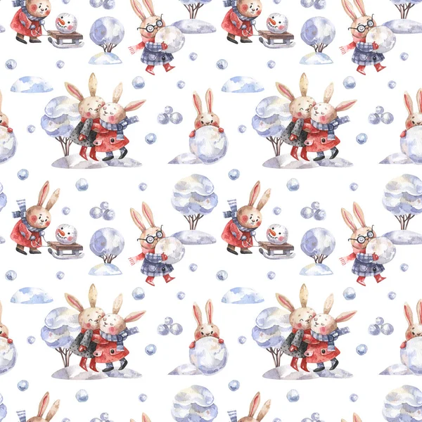 Cute Winter Pattern Rabbits Snowmen Snow Drawn Cartoon Style Hares — Zdjęcie stockowe