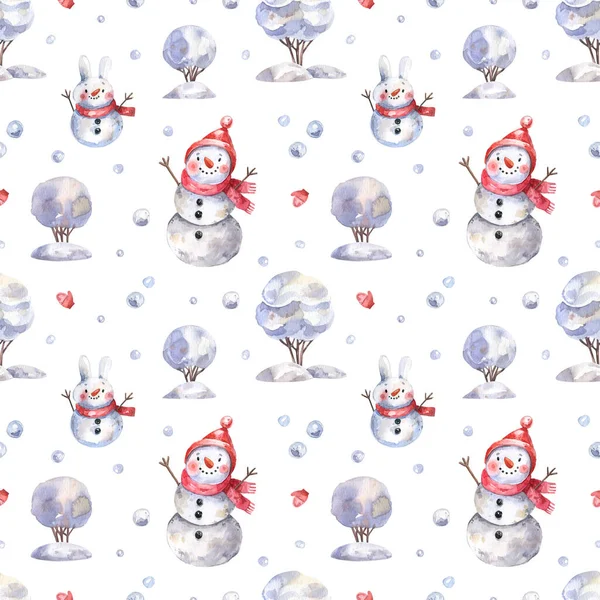 Watercolor Seamless Pattern Snowmen Snowballs Cartoon Style Winter Background Cute —  Fotos de Stock