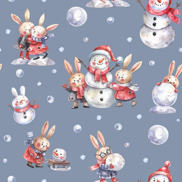Watercolor Seamless Pattern Snowmen Rabbits Making Snowmen Snowballs Cartoon Style — Photo