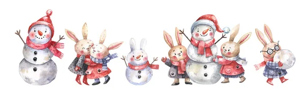 Cute Funny Characters Winter Hats Coats Watercolor Illustration Cartoon Style — Stock Photo, Image