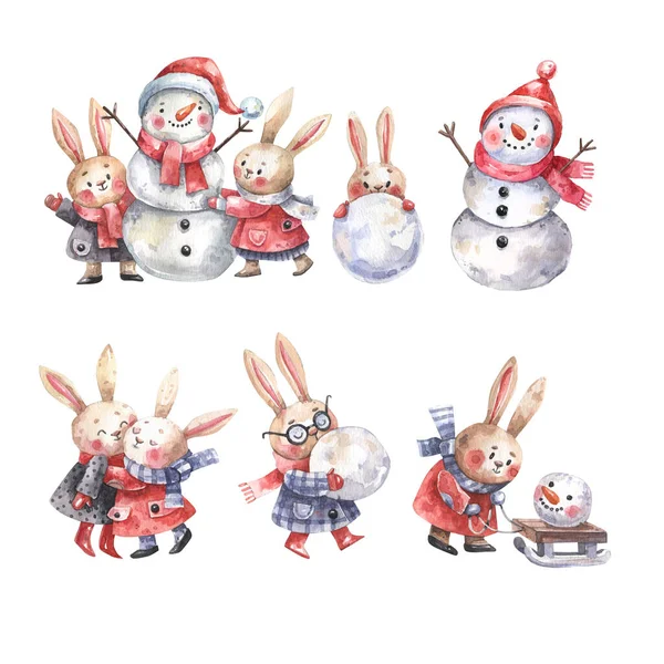 Set Cute Cartoon Characters Painted Watercolor Snowmen Hares Making Snowman —  Fotos de Stock