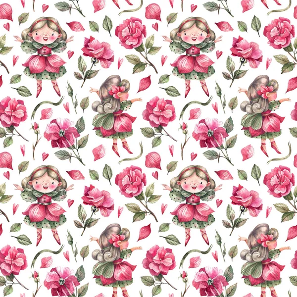 Fabulous Flower Fairies Rose Flowers Watercolor Seamless Pattern White Background — Stock Photo, Image