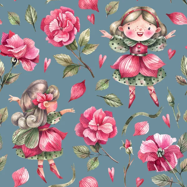 Rose Princess Rose Flowers Blue Background Seamless Pattern Cartoon Style — Stock Photo, Image