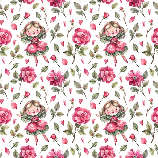 Cute Flower Fairies Rose Flowers Watercolor Seamless Pattern White Background — Stockfoto