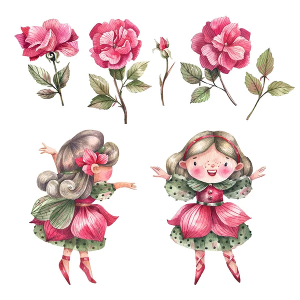 Cute flower fairies, rose flowers watercolor illustration isolated on white background. Cartoon style cute characters and flowers kids illustration. Rose Princess.