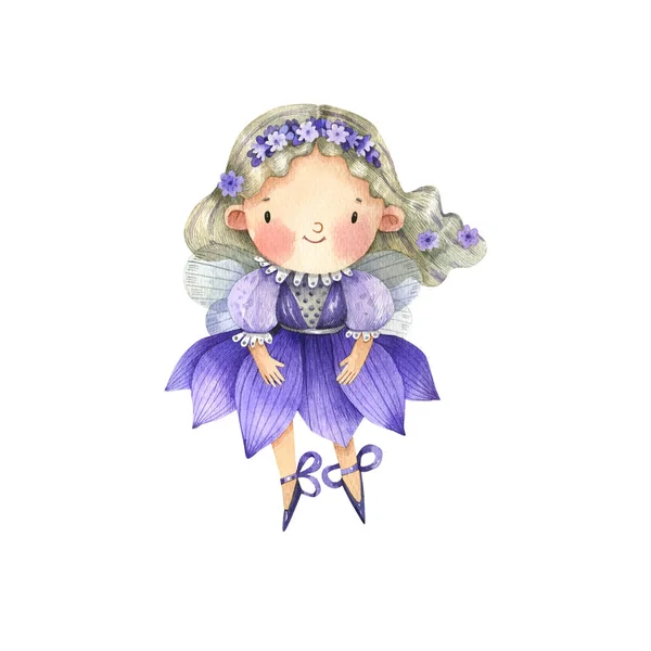 ラベンダーのドレスの花の王女は 漫画のスタイルで水彩イラストをドレスアップ 妖精のドレスのかわいい女の子 花の妖精 — ストック写真