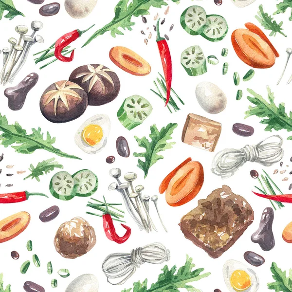 Traditional Asian food seamless pattern on white background. Watercolor illustrations of mushrooms, herbs, noodles, tofu, vegetables seamless background.