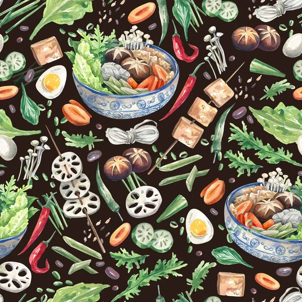 Helles Aquarellfarbenes Nahtloses Muster Mit Traditioneller Asiatischer Küche Handzeichnen Stil — Stockfoto