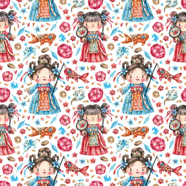 伝統的なドレス 金のコイン 花やお菓子の女の子と中国の旧正月シームレスな漫画パターン 中国の伝統的なシンボルと文字でかわいい お祝いの背景 — ストック写真