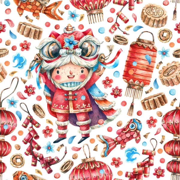 Chinese New Year Seamless Cartoon Pattern Boy Dragon Costume Lanterns — Zdjęcie stockowe