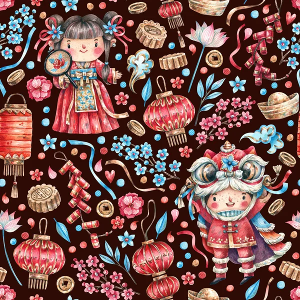 Watercolor seamless cartoon pattern with children in traditional costumes, lanterns, carps, gold coins, flowers and sweets. Cute, Chinese New Year festive background with traditional Chinese symbols and characters.