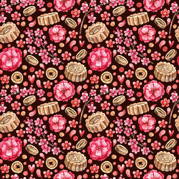 Watercolor Seamless Pattern Traditional Chinese Sweets Red Flowers Coins Dark — Stock Photo, Image