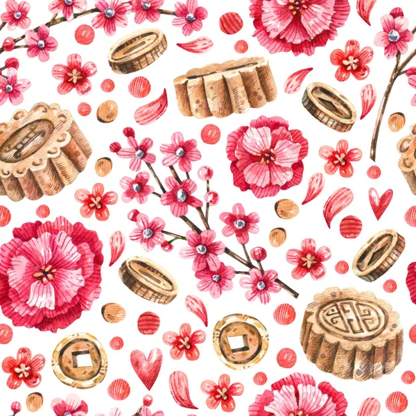 Watercolor Chinese New Year pattern with moon cakes, flowers and gold coins on a white background. Traditional Chinese pattern. Wrapping paper, postcards, wallpapers.