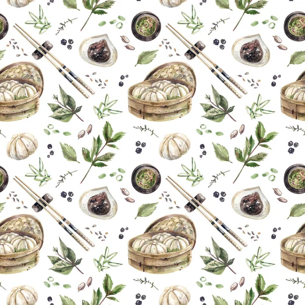 Traditional Asian Steam Dumplings Seamless Pattern Sketch Style Dumplings Chopsticks — Stockfoto
