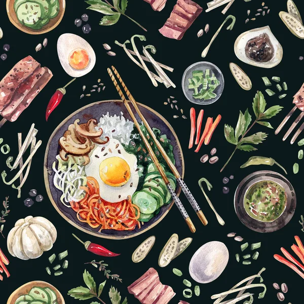 Bright Seamless Pattern Traditional Korean Food Bibimbap Steamed Dumplings Vegetables — Stockfoto