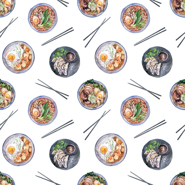 Dishes Traditional Asian Cuisine Seamless Pattern White Background Japanese Curry — Stockfoto