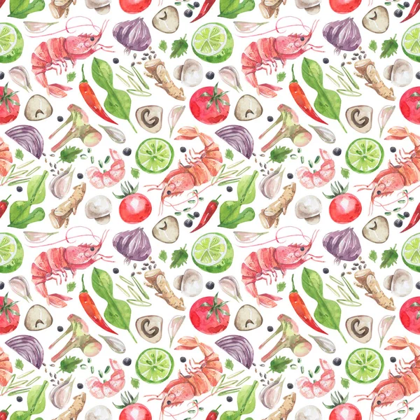 Traditional Thai Cuisine Ingredients Seamless Pattern Watercolor Illustration Shrimp Chili — Stock Photo, Image