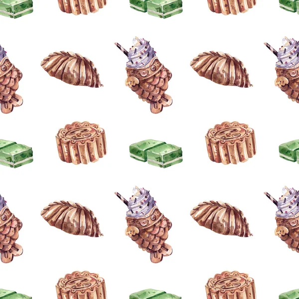 Aquarell Illustrationen Asiatischer Süßigkeiten Mit Hellen Nahtlosen Mustern Taiyaki Mondkuchen — Stockfoto