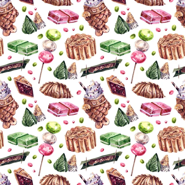 Traditional Asian Sweets Seamless Pattern White Background Watercolor Illustrations Thai —  Fotos de Stock