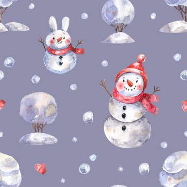 Watercolor, seamless pattern with snowmen in cartoon style. Winter background with watercolor illustrations. Snowman hare, snowman in red hat seamless pattern.