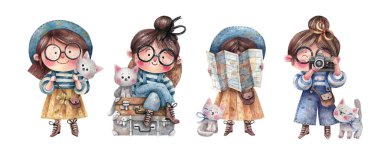 Collection of cute cartoon characters, girl and cat, girl traveller, watercolor illustration isolated on white background. Kids stile, endearing heroes.