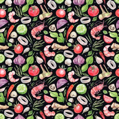 Bright seamless pattern with Thai cuisine ingredients on a black background. Traditional Thai food, seafood, vegetables, herbs and spices background. Watercolor illustration texture
