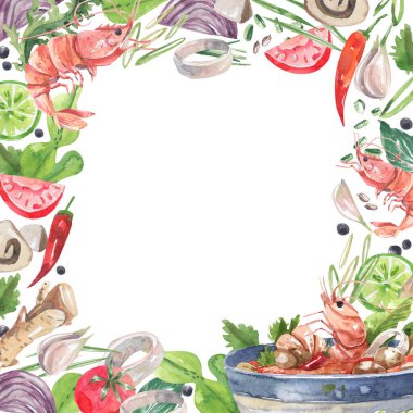 Watercolor, square frame with traditional Asian food. Watercolor illustration of Thai cuisine ingredients background. Seafood, vegetables, spices and herbs, shrimp, chili peppers.