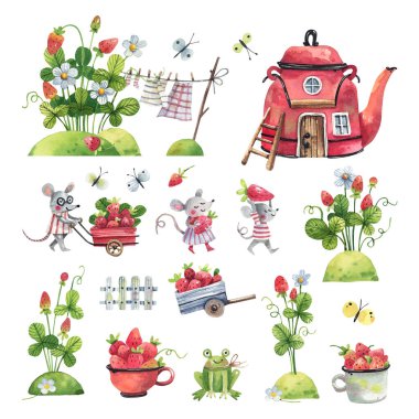 Strawberry berries and flowers, mouse cartoon characters, teapot house watercolor illustration. Collection of watercolor elements isolated on white background. Cartoon elements.