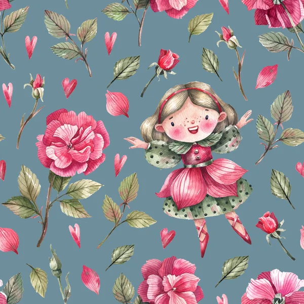 Cute Flower Fairies Rose Flowers Watercolor Seamless Pattern Blue Background — Stok Foto