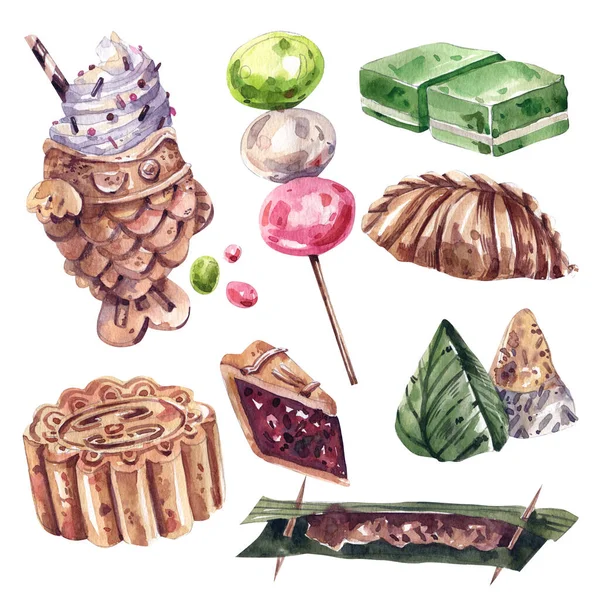 Watercolor Illustrations Asian Sweets Japanese Thai Desserts Collection Taiyaki Mochi — Stok fotoğraf