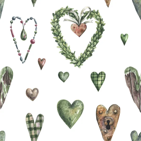 Romantic Seamless Pattern Vintage Hearts Different Shapes Sizes Watercolor Illustration — Photo