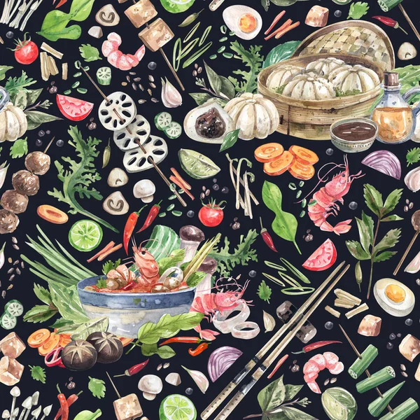 Bright Seamless Pattern Traditional Asian Food Products Black Background Watercolor — Fotografia de Stock
