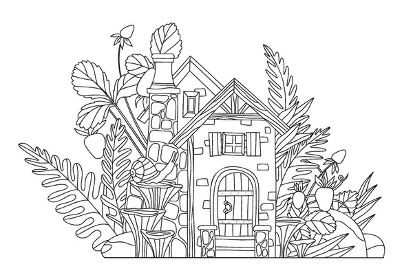 Desenho Para Colorir Casa Florestal Bagas Plantas Silvestres Estilo Cartoon — Fotografia de Stock