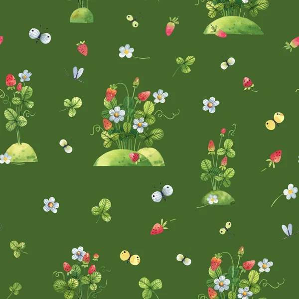Strawberries Flowers Butterflies Green Background Watercolor Seamless Pattern Cute Cartoon — Fotografia de Stock