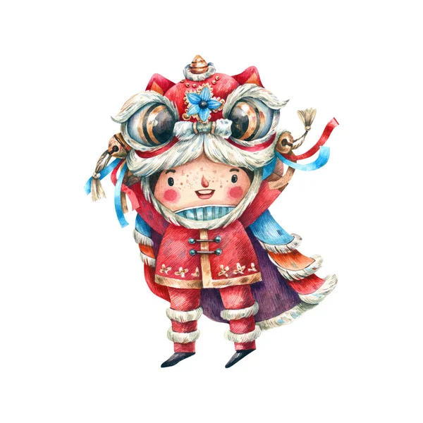 Cute Boy Traditional Chinese Dragon Costume Watercolor Illustration Cartoon Character — Stock Photo, Image