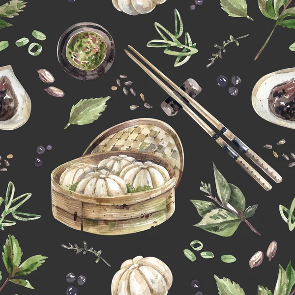 Traditional Asian Steam Dumplings Seamless Pattern Sketch Style Dumplings Chopsticks — 图库照片