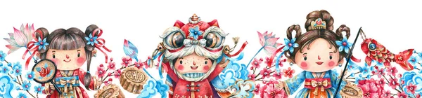 Endless horizontal border with traditional Chinese New Year decorations, cartoon style characters. Children in traditional Asian costumes, dragon, flowers, gold coins, carps watercolor