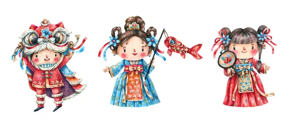 漫画風の伝統的な中国のキャラクター水彩イラスト 中国の伝統衣装 ドレス 鯉提灯の男の子と女の子 中国の旧正月の文字 — ストック写真