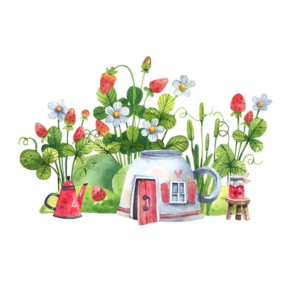 Fairy Tale House Porcelain Cup Red Wooden Door Window Strawberry — Fotografia de Stock
