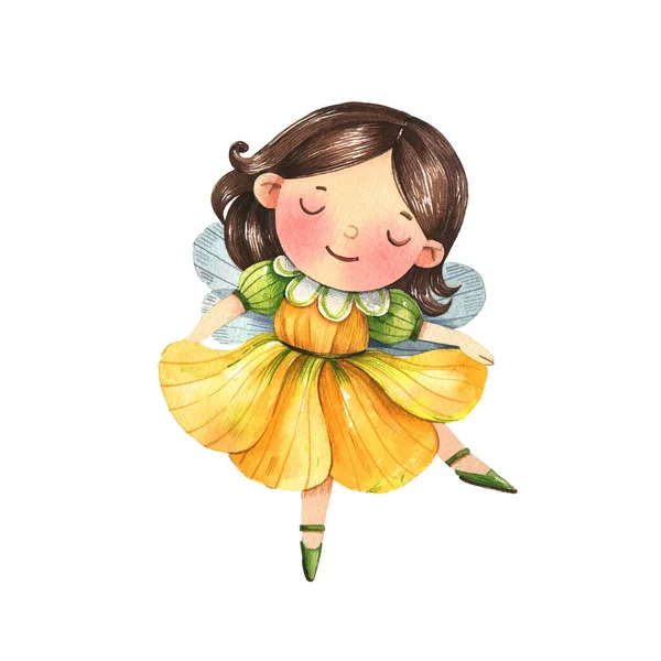 Flower fairy, little princess dressed as a yellow flower illustration. Cute character - flower princess. Kids character on a white background.