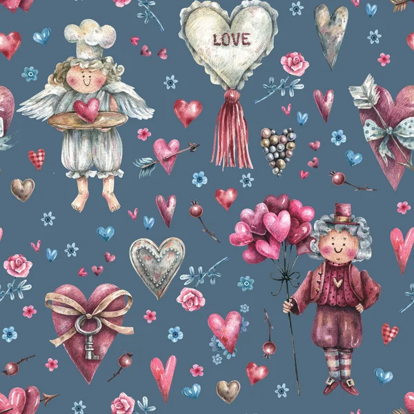 Vintage, romantic pattern with cupids, angels, flowers, hearts and pearls on a gray background. Stylish seamless background for valentine\'s day, romantic events.
