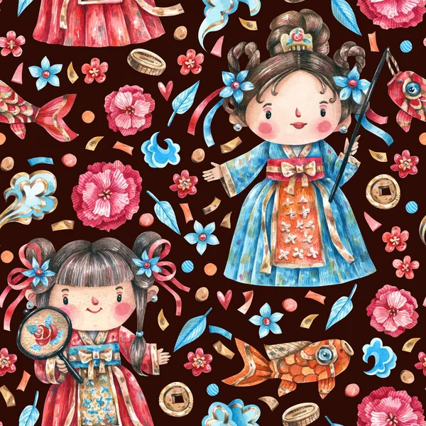 Watercolor Chinese New Year pattern with cute Chinese characters, lanterns, garlands, carps and flowers on a dark background. Girls in dresses, Chinese lanterns, flowers, carps, coins seamless pattern.
