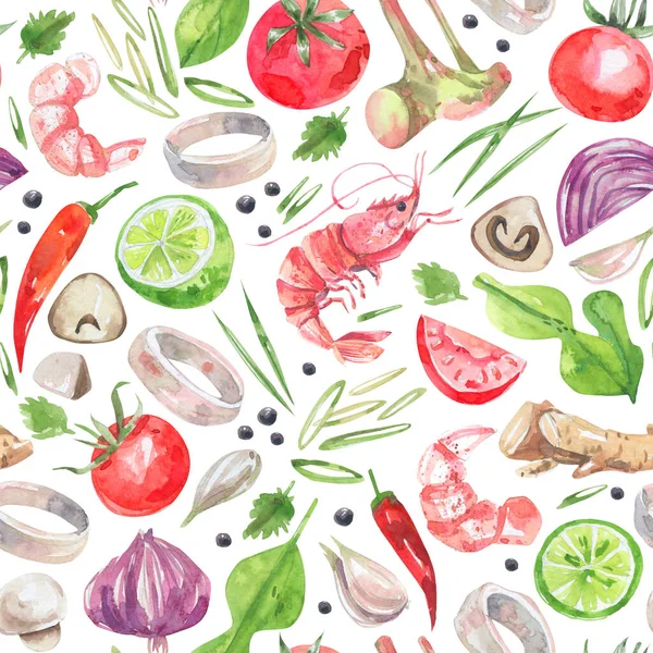 Thai Cuisine Ingredients Watercolor Seamless Pattern White Background Shrimp Squid — 스톡 사진