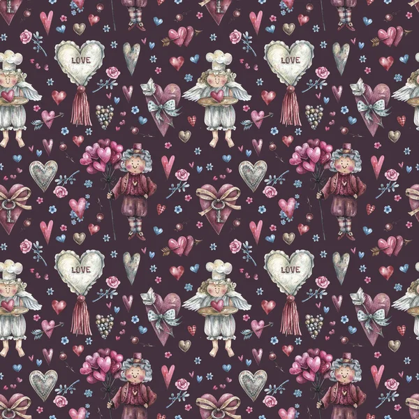 Romantic Seamless Pattern Vintage Style Cute Character Cupids Hearts Flowers — Stockfoto